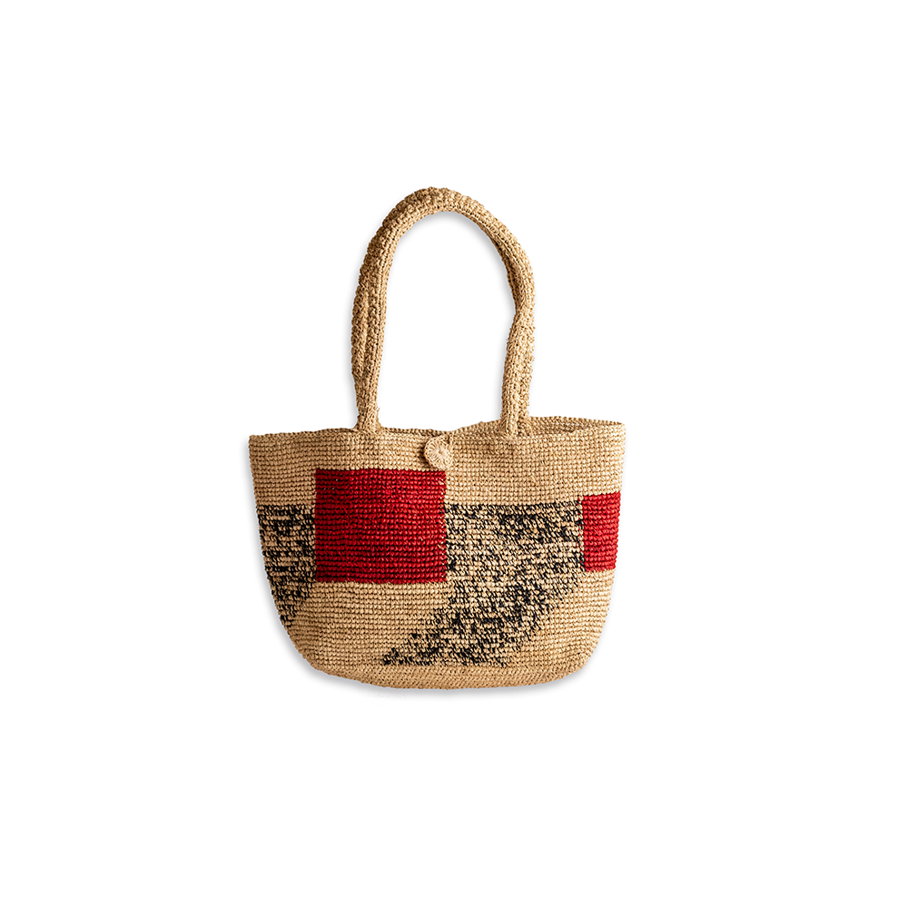 BOLSO RAFFIA TEJIDO CROCHET NATURAL ROJO JASPEADO
