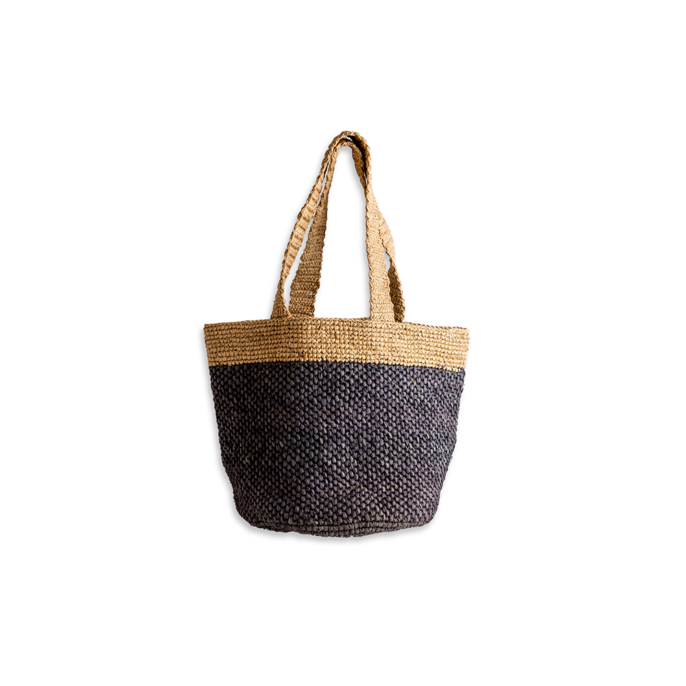 BOLSO RAFFIA TEJIDO CROCHET REDONDO CON GRIS NATURAL