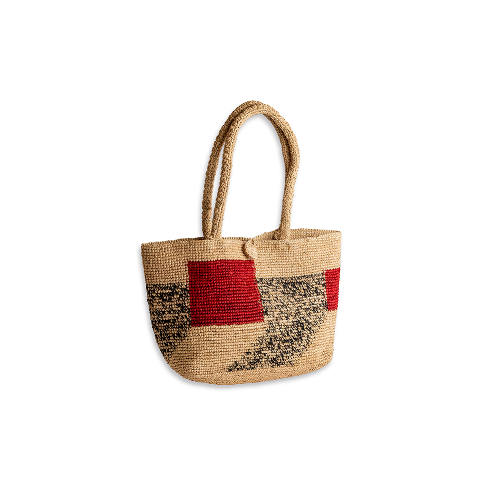 BOLSO RAFFIA TEJIDO CROCHET NATURAL ROJO JASPEADO
