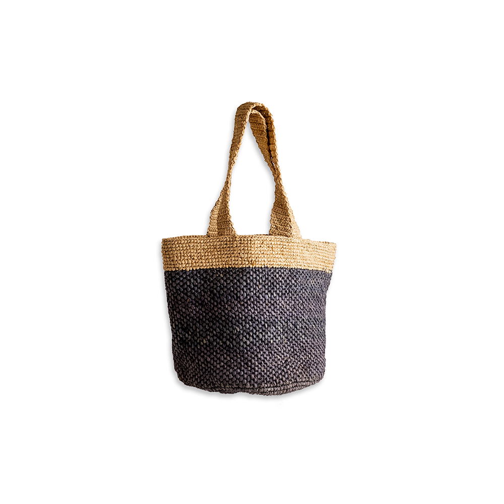 BOLSO RAFFIA TEJIDO CROCHET REDONDO CON GRIS NATURAL