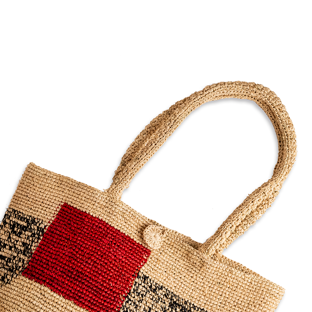 BOLSO RAFFIA TEJIDO CROCHET NATURAL ROJO JASPEADO