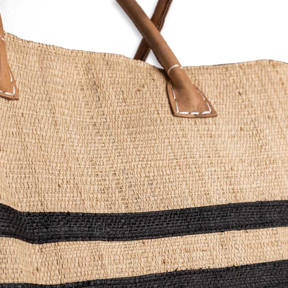 BOLSO RAFFIA TIRAS DE CUERO NATURAL RAYAS NEGRAS