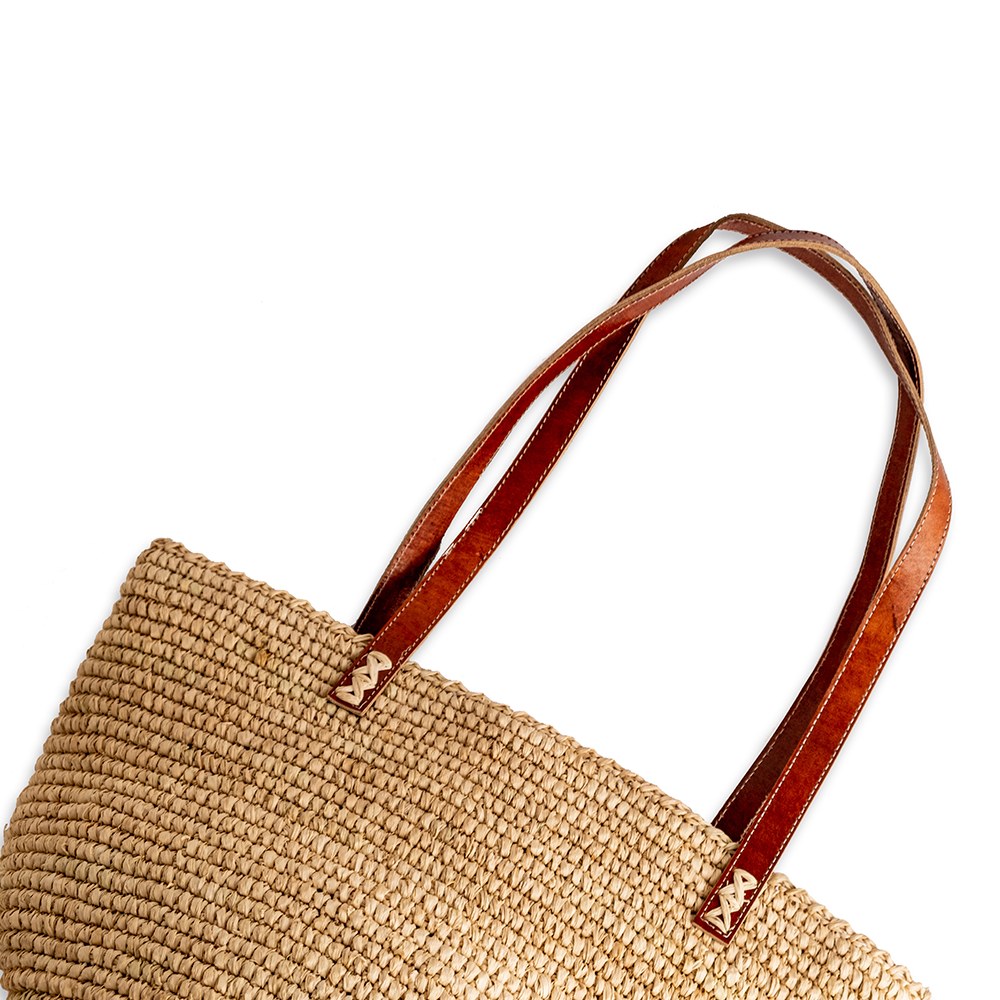 BOLSO RAFFIA TEJIDO CROCHET REDONDO TIRAS DE CUERO