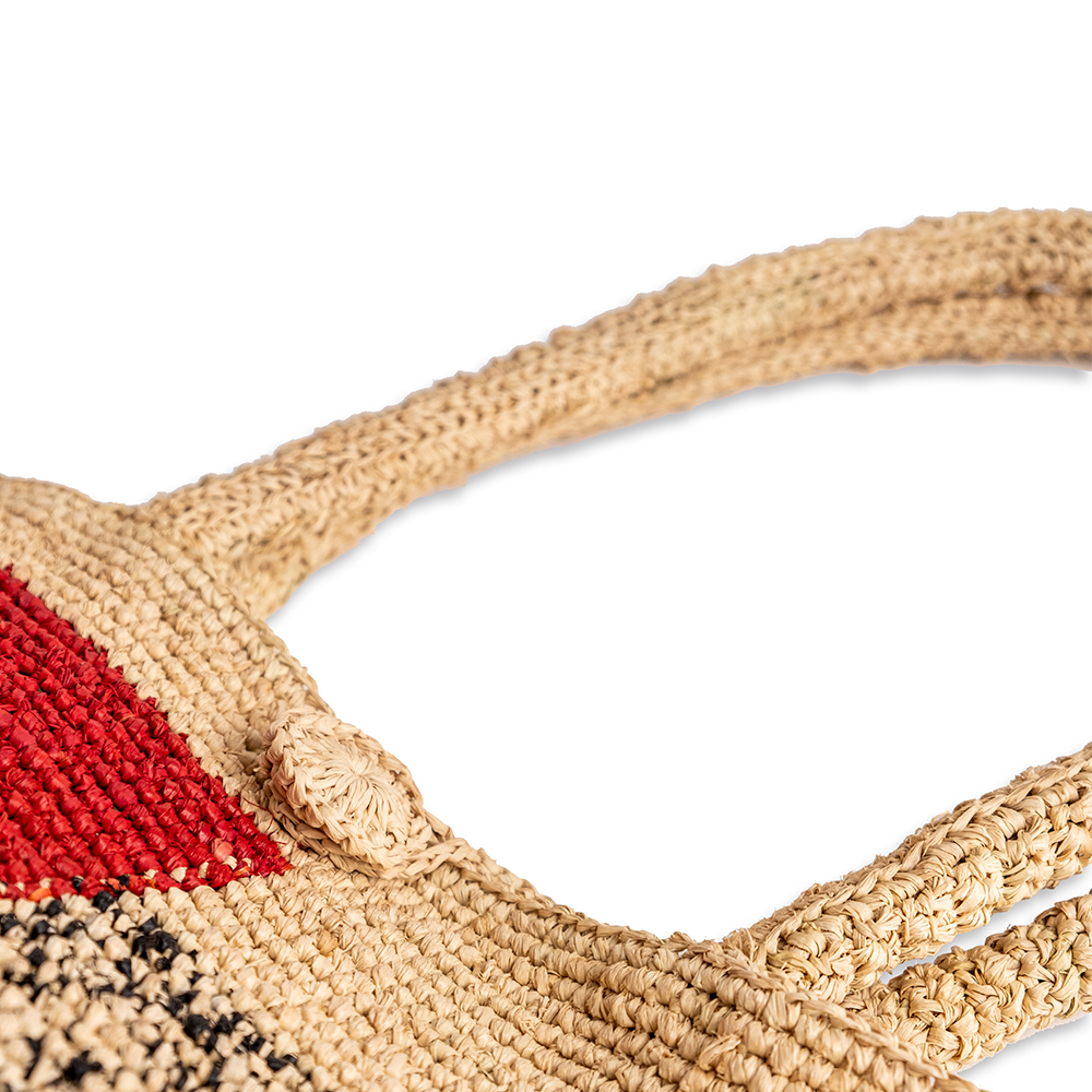 BOLSO RAFFIA TEJIDO CROCHET NATURAL ROJO JASPEADO