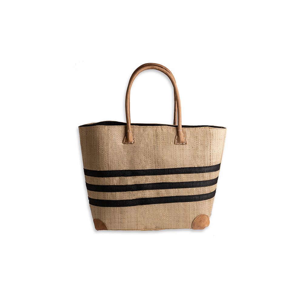 BOLSO RAFFIA TIRAS DE CUERO NATURAL RAYAS NEGRAS