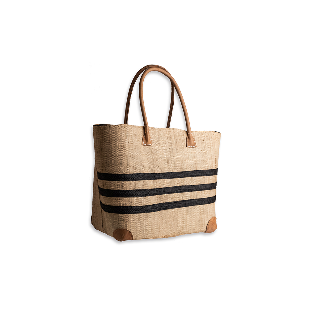 BOLSO RAFFIA TIRAS DE CUERO NATURAL RAYAS NEGRAS