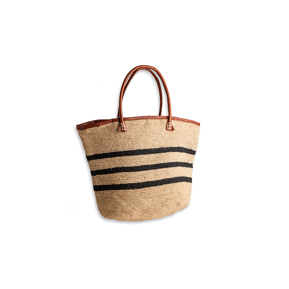 BOLSO RAFFIA TEJIDO CROCHET TIRAS CUERO BURDEO CON RAYAS NEGRAS