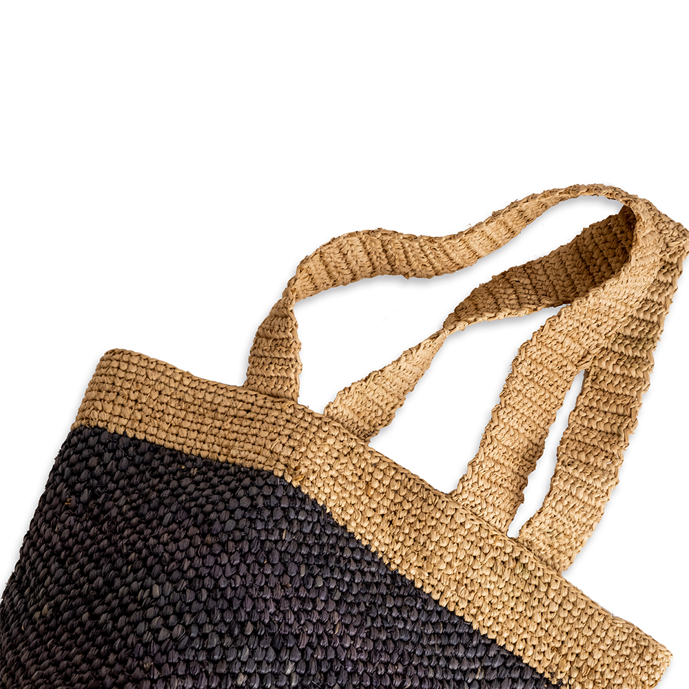 BOLSO RAFFIA TEJIDO CROCHET REDONDO CON GRIS NATURAL