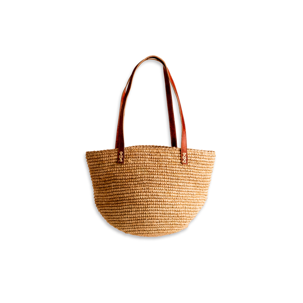 BOLSO RAFFIA TEJIDO CROCHET REDONDO TIRAS DE CUERO